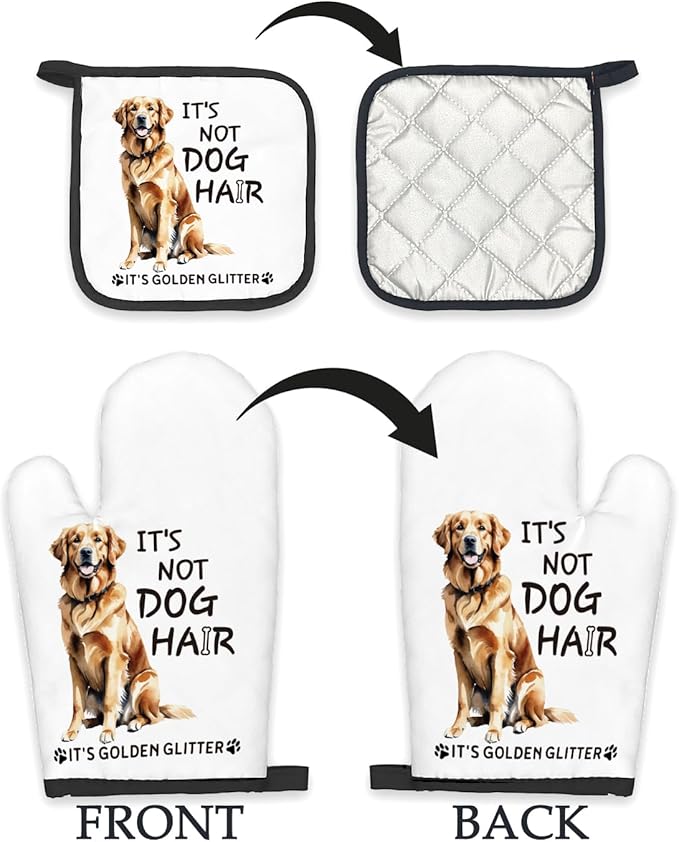 Golden Retriever Gifts Dog Oven Mitts and Pot Holders Sets, Golden Retriever Decor Kitchen Accessories Sets, It’s Golden Glitter Dog Heat Resistant Oven Glove Potholders for Kitchen Baking