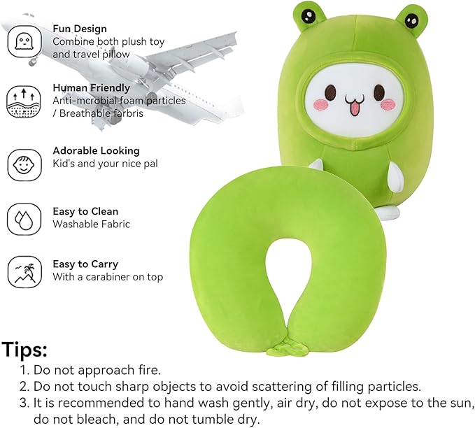 stocaggio Kids Travel Pillow - 2-in-1 Deformable Kids Neck Pillow for Traveling, Soft U-Shaped Pillow with Adorable Animal Design, Comfy Sleep and Play, Ideal for Airplanes and Traveling (Green Frog)