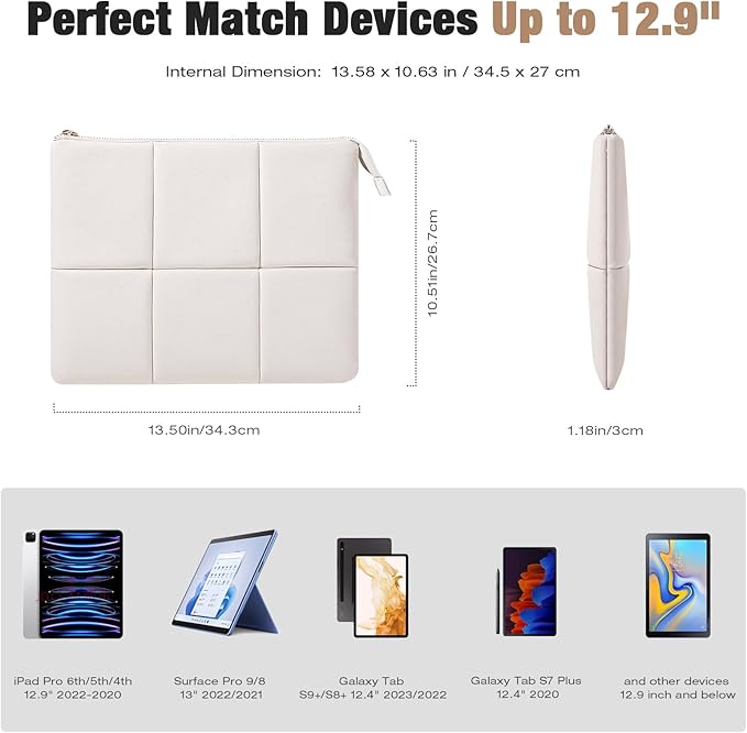 Moko 12.9 Inch Tablet Sleeve Case, Puffy Tablet Bag Fit with iPad Pro 6th/5th/4th 12.9 inch, Surface Pro 9/8 13", New Galaxy Tab S9+/S8+ 12.4, Built-in Elastic Band, PU Leather Carrying Case, White