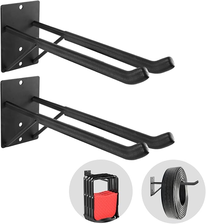FancyEagle 14" Large Heavy Duty Garage Hooks, 2-Pack Steel Garage Storage Hooks with Support Rods, Utility Wall Mount Hangers for Power Tools, Car Tires, Ladders, Chairs, Garden Tools and More