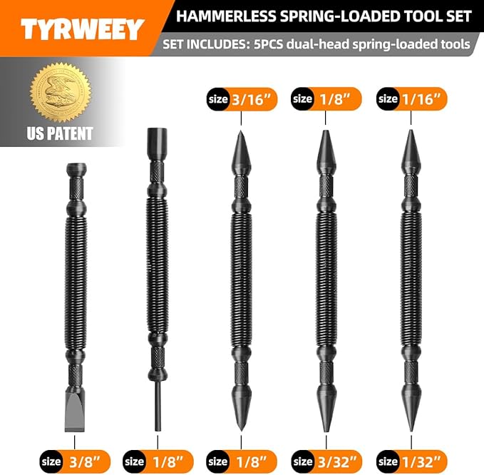 TYRWEEY 5-Piece Nail Setter Dual Head Nail Set & Dual Head Center Punch & Hinge Pin Remover Punch Set, Spring Loaded Center Hole Punch, Nail Setter Features 1/8-in, 3/32-in, 3/16-in, 1/16-in, 1/32-in