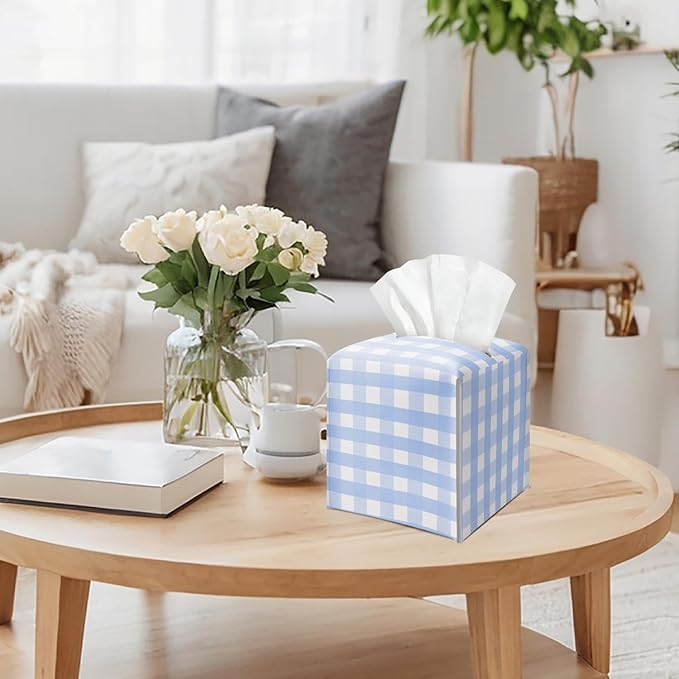 Blue and White Gingham Tissue Box Cover Square, Leather Tissue Holder with Bottom Belt, for Nightstands Desks Office Bathroom Car Vanity Home Decor Supplies -002