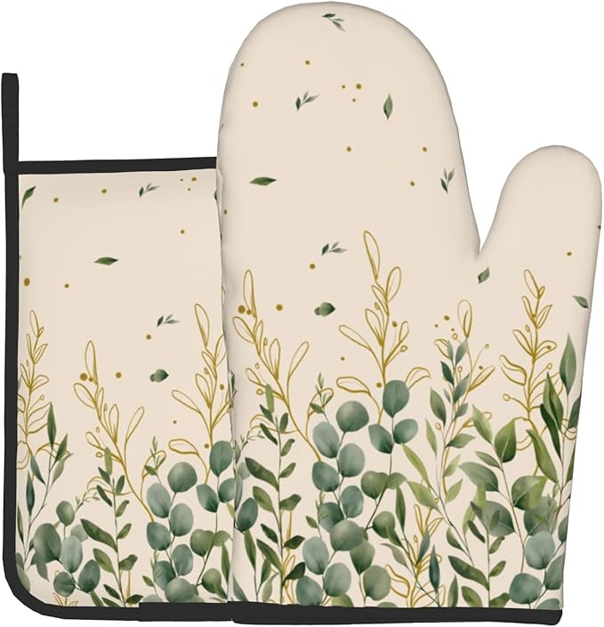 Sage Green Eucalyptus Oven Mitts and Pot Holders Sets Watercolor Green Yellow Leaf Branches Washable Heat Resistant Kitchen Glove Potholder Farmhouse Decor Hot Pads for Home Baking Cooking Grilling