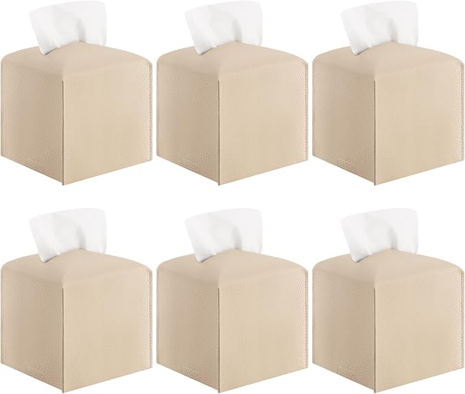 6-Pack Square Tissue Box Cover Holder, Beige PU Leather Decorative Covers for Living Room, Bathroom, Office & Car