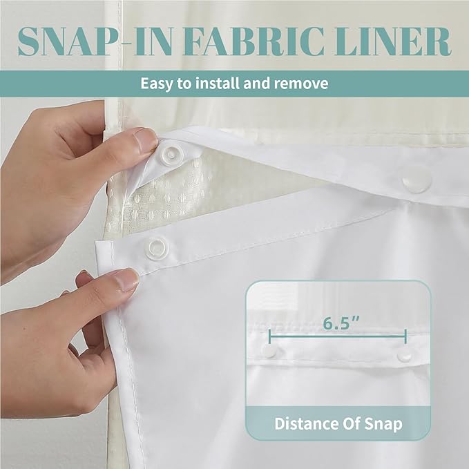 eachope Cream No Hook Waffle Weave Shower Curtain with snap-in Liner Replacement, 230GSM Waterproof Fabric Hotel Shower Curtain Set for Bathroom, Through Mesh Top Window,71Wx77H