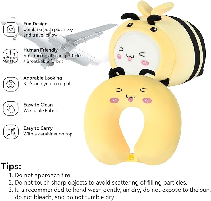 stocaggio Kids Travel Pillow - 2-in-1 Deformable Kids Neck Pillow for Traveling, Soft U-Shaped Pillow with Adorable Animal Design, Comfy Sleep and Play, Ideal for Airplane Traveling - Yellow Bee