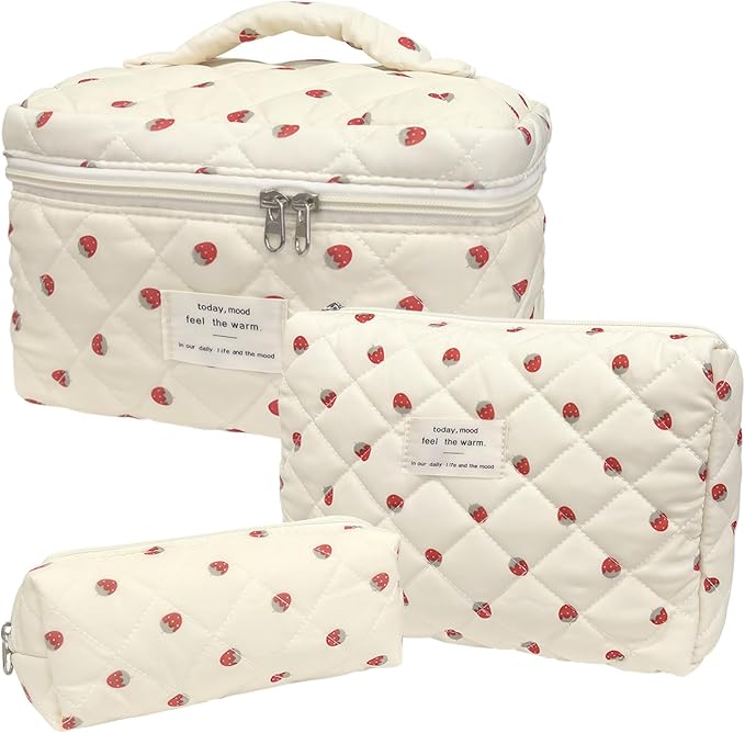Quilted Makeup Bag, Large Capacity Travel Cosmetic Bag for Women and Girls, Aesthetic Storage for Daily and Travel Use (3pcs-strawberry, Pink Bow)