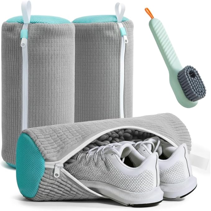 4 pieces Shoe Washing Machine Bag, 3 Shoe Cleaning Bag with Shoe Cleaning Brush, microfiber fabric Shoe Bag for Washing Machine, gray Shoe Washing Bag, Shoe Laundry Bag, Shoe Cleaner Bag