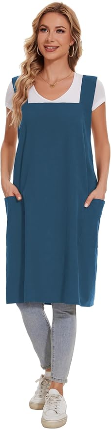 Linen Cotton Aprons for Women Smock Cross-Back Apron with Pockets