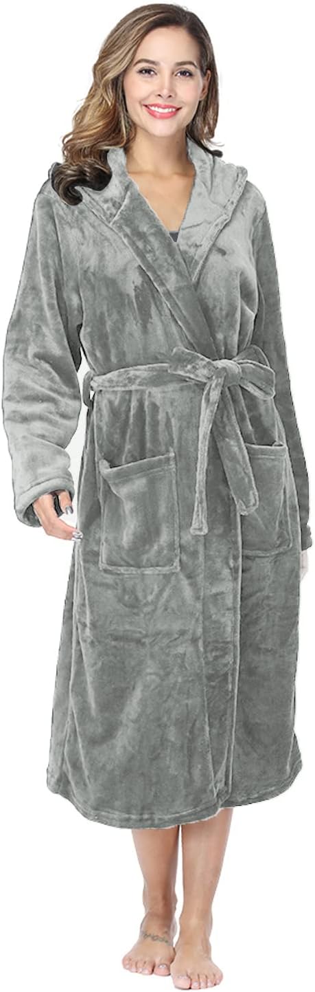 RONGTAI Womens Robes Plush Fleece Hooded Bathrobe Thick Nightgown with Pockets Fluffy Sleepwear
