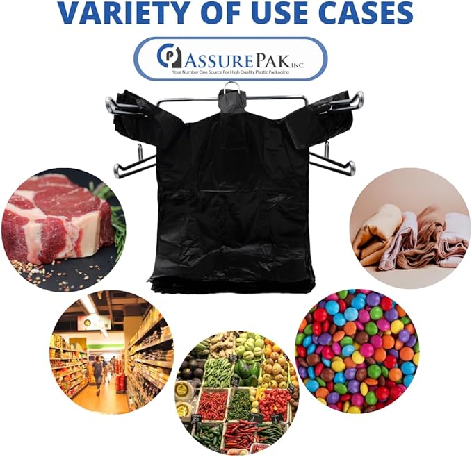 ASSUREPAK Easy Open - Black Unprinted HDPE T-Shirt Bags 11.5"x6"x21" with handles – 500 Units – 17 Microns – Perfect for Grocery Shopping and Store Purchases 20018-EO