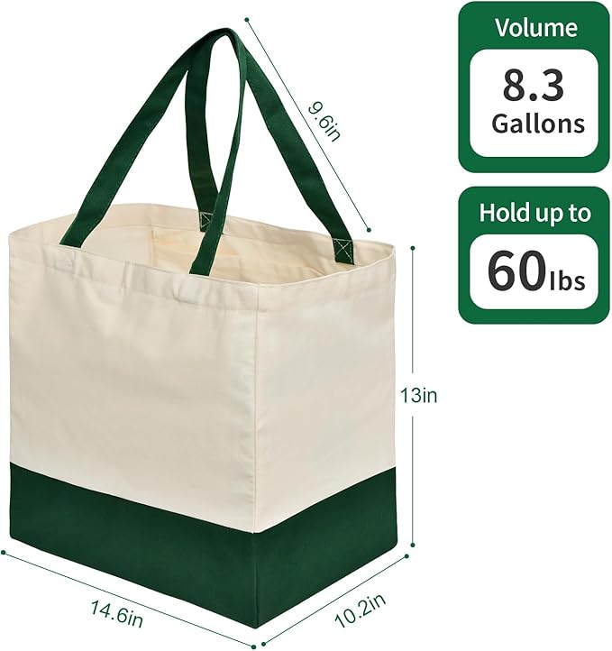 CNaiyunpin 3 Pcs Reusable Grocery Bags - Heavy Duty Canvas Bag, 8.3 gal Foldable Large Canvas Tote Bag with Handles, Holds 60 lbs Tote Shopping Bags,100% Cotton（Retro Green）