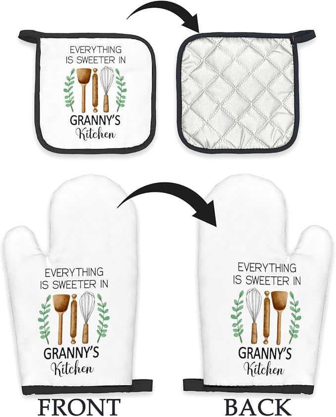 Granny Gifts Oven Mitts and Pot Holders Sets, Gifts for Grannys from Grandkids Kitchen Decor Accessories Set, Sweeter in Granny' Kitchen Heat Resistant Oven Glove Potholder for Kitchens Cooking