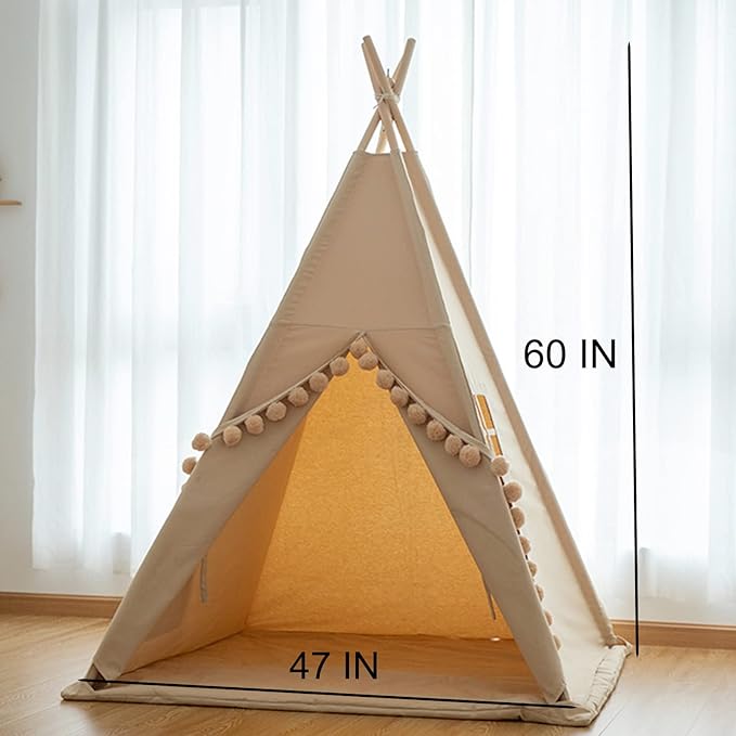 RONGFA Kids Teepee Tent with Lights &Large Pompoms & Carry Bag, Machine Washable Tent for Kids Indoor, Toddler Teepee for Girls & Boys（Without Mat）