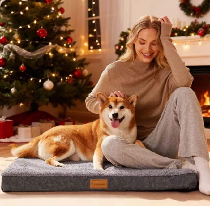 Patas Lague Orthopedic XL Dog Bed Large Sized Dog 42''X28'', Soft Waterproof Egg Crate Foam Large Pet Crate Beds Mat with Removable Washable Cover and Non-Slip Bottom, Light Grey