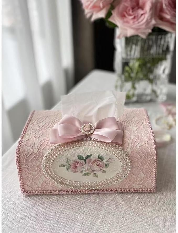 Tissue Cover Holder Fabric Art Cute Tissue Box Cover Dispenser Napkin Organizer for Bathroom Bedroom Office and Car (D-Pink)