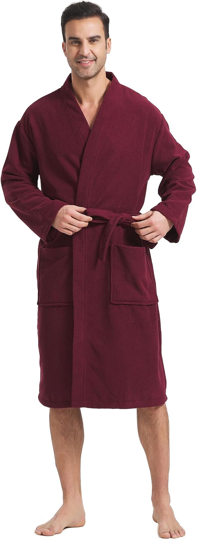 FashGudim Terry Cloth Robes for Men Big and Tall Short Mens Kimono Robe Super Absorbent Spa Bathrobe Calf Length With Pockets