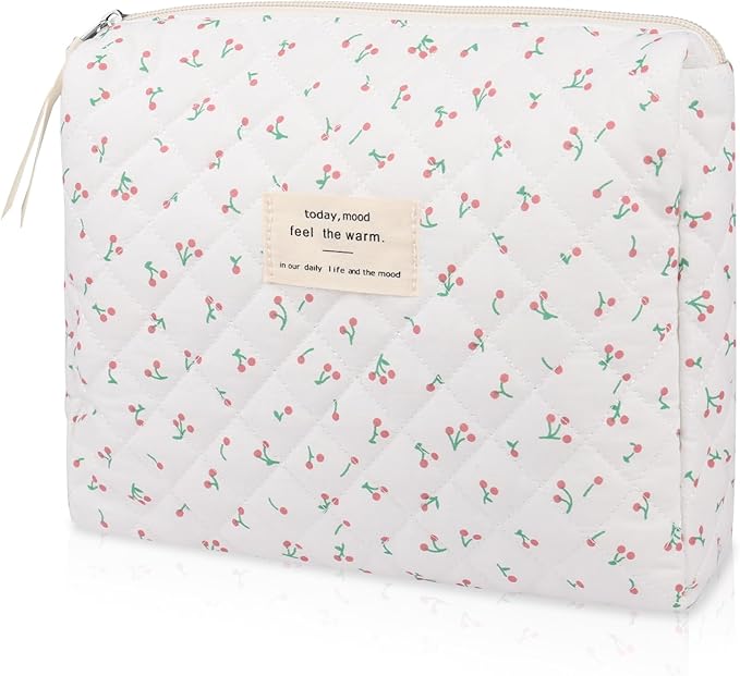 Gosect Floral Makeup Bag, Small Cosmetic Bag for Women Girls, Cute Cotton Makeup Bag, Quilted Makeup Bags, Flower Travel Toiletry Organizer Bag(White Cherry)