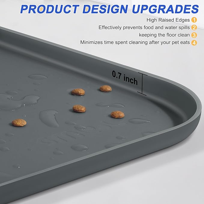 SMILOOL Silicone Pet Feeding Mat with Raised Edge for Food and Water, Dog Bowl Mats, Cat Bowls Placemat with High Lip for Floor Waterproof, Rubber Tray for Cats and Dogs 19 x 12 x 0.7 Dark Grey