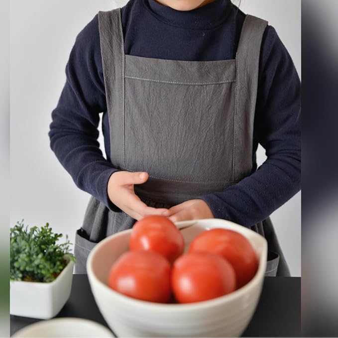 IWEMEK Kids Aprons for Girls Cooking Child Cotton Linen Apron Dress with Pockets Art Baking Gardening Painting Apron Pinafore
