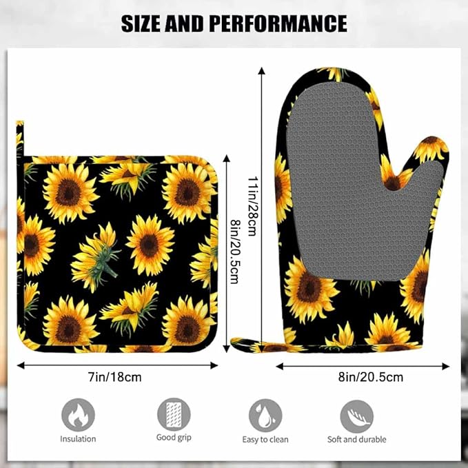 Mxocom Sunflowers Oven Mitts and Pot Holders Sets Flowers, Buds and Leaves on Black Background Silicone Heat Resistant Kitchen Oven Gloves Pot Holder for Cooking