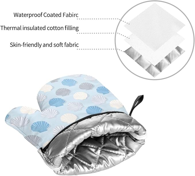 Oven Mitts and Pot Holders Sets of 4 Summer Seashell Blue Pastel Kitchen Potholder Gloves Heat Resistant Non-Slip for Chef Baking Cooking Grilling BBQ Mittens