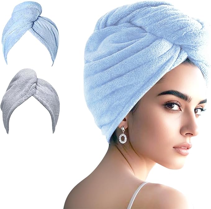 AGKXHDEC 2 Packs Single Layer Microfiber Hair Turbans - Drying Wrap for Women (Blue,Gray)