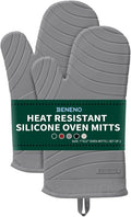 Beneno Heat Resistant Silicone Oven Mitts BPA-Free, Non-Slip Textured Grip & Quilted Cotton Lining, Waterproof Kitchen Mitt 2-Pack Set, 7"x13", Gray