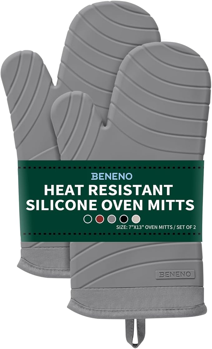 Beneno Heat Resistant Silicone Oven Mitts BPA-Free, Non-Slip Textured Grip & Quilted Cotton Lining, Waterproof Kitchen Mitt 2-Pack Set, 7"x13", Gray