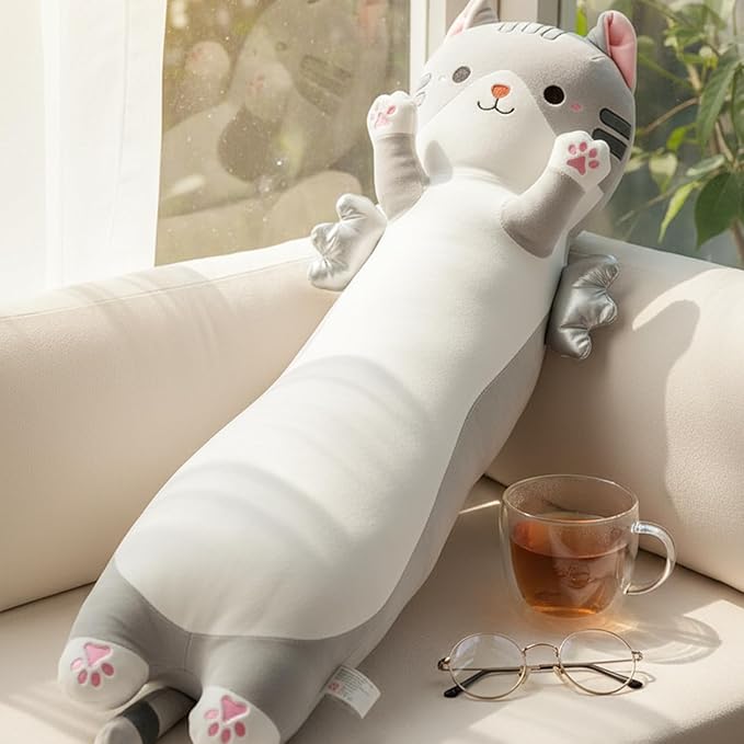 Long Cat Plush Pillow, Cute Cat Stuffed Animal Body Pillow with Wings, Soft Kawaii Kitty Hugging Pillow, Christmas Valentine's Birthday Gift for Kids Girls Boys (Gray, 90cm/35.43in)