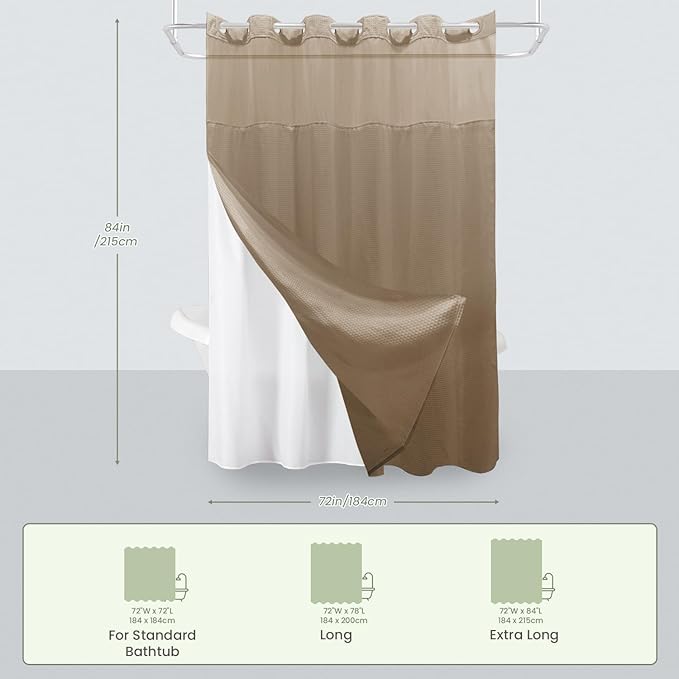 Inhousolu Extra Long No Hook Shower Curtain with Snap in Fabric Liner Set Waffle Weave 230GSM Weighted Hem, Waterproof & Washable Bathroom Curtain Spa Luxury with Mesh Top Window 72" W x 84" L Beige
