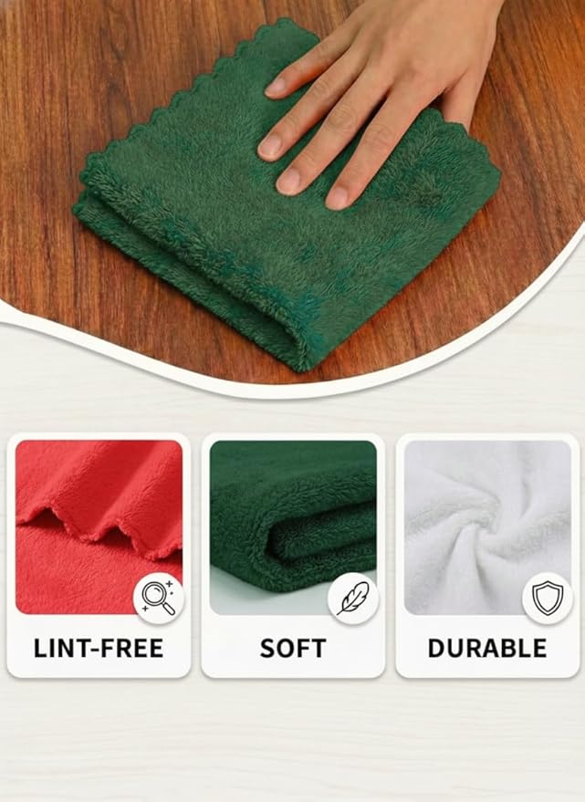 BRODER MFG. INC. Extra Large Microfiber Kitchen Towels (16"x19", 4-Pack (Red, Green, & White)) - Ultra Plush, Lint Free Reuseable Cloths for Everyday Use - Absorbent Scalloped Edge Dish Cloths