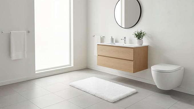 C23 Luxury Shag Bath Rug | 2200 GSM Ultra-Soft Plush Thick Bathroom Mat | 20"x32" White High-Density Shaggy Rug | Non-Slip Natural Latex Back, Absorbent, Machine Washable, 1 Piece