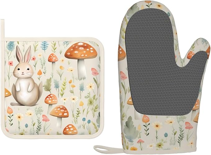 Oven Mitts and Potholders Funny Rabbit Sunflowers Silicone Glove Heat Resistant, Kitchen Gloves for Cooking, 2-Piece Set