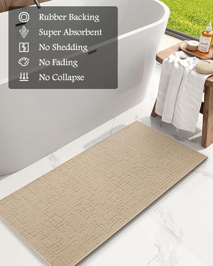 AMOAMI-Bath Mat-Absorbent Quick Dry Bathroom Floor Mats-Washable Rubber Backing Bath Mats for Bathroom Rugs Fit Under Door-Bath Rug for in Front of Sink Bathtub Shower Room, Camel 17''x59''