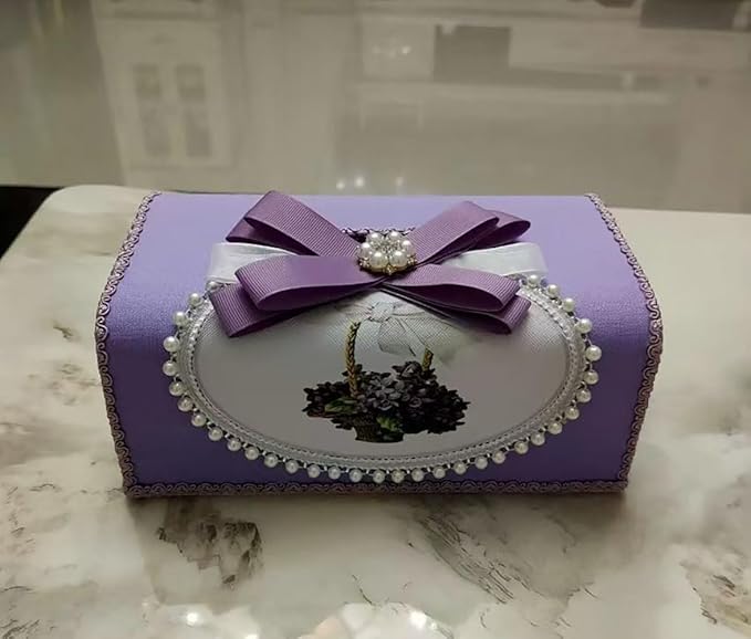Tissue Cover Holder Fabric Art Cute Tissue Box Cover Dispenser Napkin Organizer for Bathroom Bedroom Office and Car (C-Purple)