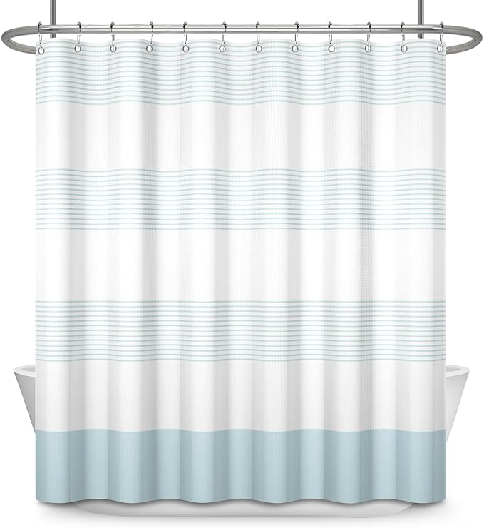 ggaimwf Blue and White Striped Waffle Shower Curtain Ombre Nautical Splicing Stall Bath Curtain Rustic Farmhouse Neutral Bathtub Curtain for Kids Bathroom Waterproof Decor with Hooks,54x79 Inch