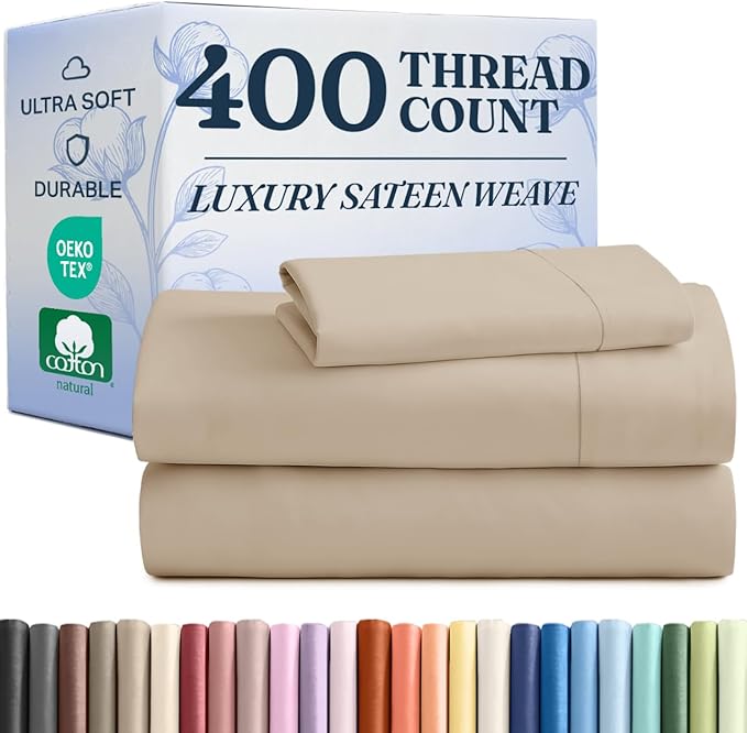 400 Thread Count Cotton Sheet Set - Twin XL Size 100% Cotton Sheets - Easily Fits 8" to 16" Mattress - Silky-Soft, Wrinkle Free, Breathable & Comfy - Deep Pockets & Hotel Quality Bedding Set - Cream