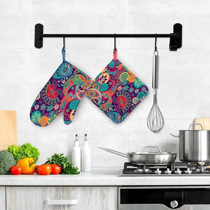 Mxocom Colorful Flowers Silicone Oven Mitts and Pot Holders Sets Exotic Curly Ethnic Fantastic Floral Colorful Artistic BBQ Gloves for Kitchen,Cooking,Baking,Grilling
