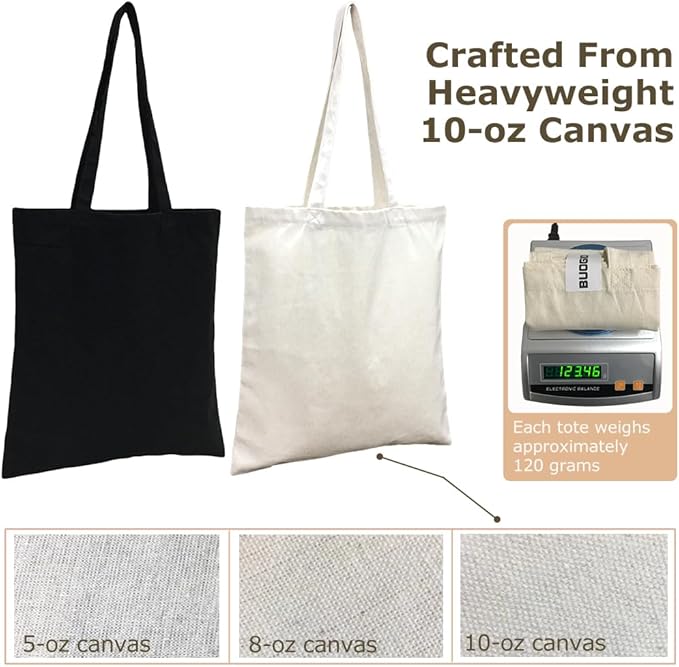 BUOGIO 12 Pack Natural 10oz Plain Canvas Tote Bags Bulk Blank Reusable Shopping Bag 14" x 15.5" for Custom Printing, Promotional, Gifts