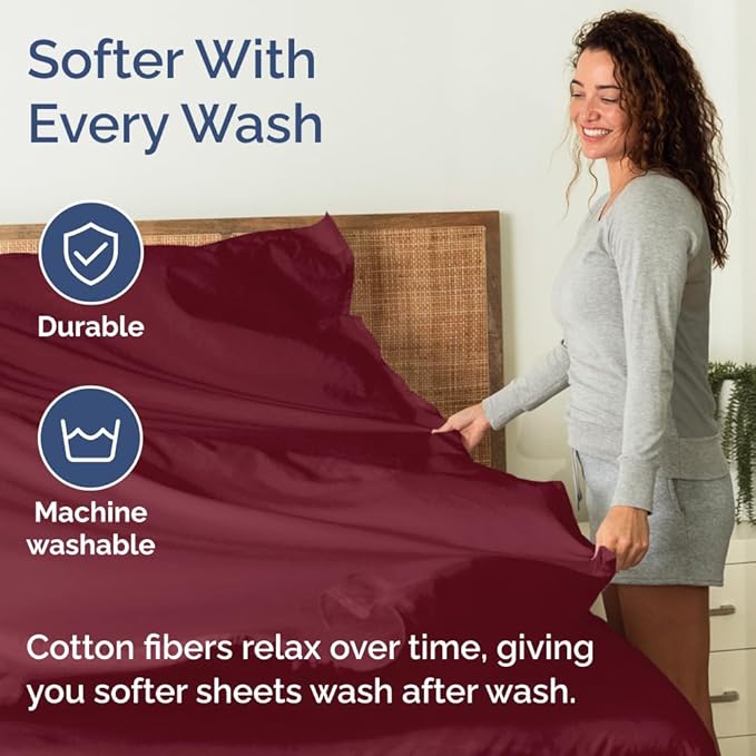 400 Thread Count Cotton Sheet Set - Full Size 100% Cotton Sheets - Easily Fits 8" to 16" Mattress - Silky-Soft, Wrinkle Free, Breathable & Comfy - Deep Pockets & Hotel Quality Bedding Set - Burgundy