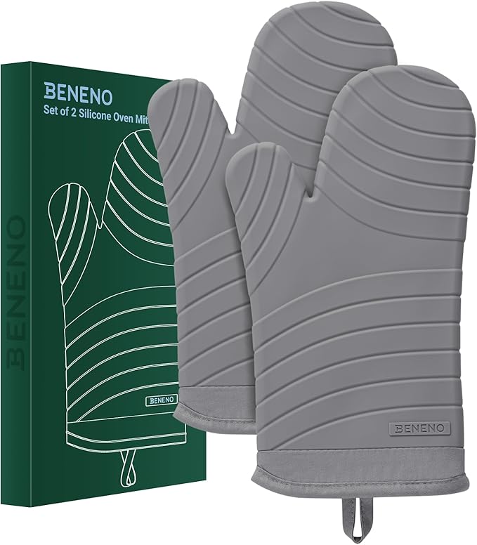Beneno Heat Resistant Silicone Oven Mitts BPA-Free, Non-Slip Textured Grip & Quilted Cotton Lining, Waterproof Kitchen Mitt 2-Pack Set, 7"x13", Gray