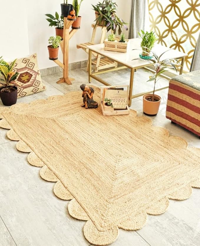 Scalloped Natural Jute Area Rug, Natural Color (6'X4'), 4'X6', SVIRUGH1