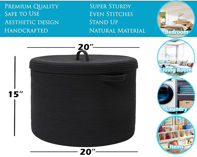 Cottonphant 20" x 20" x 15" Extra Large Storage Basket with Lid, Cotton Rope Storage Baskets, Laundry Hamper, Cloth Bin, for Clothes Towels Blankets Pillows Storage in Living Room, All Black