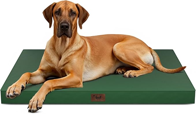 Tail Stories Outdoor Extra Large Dog Bed, Jumbo Waterproof Dog Bed for Large Dogs, Orthopedic Egg Crate Foam Pet Mat with Removable Oxford Cooling Cover, Dark Green