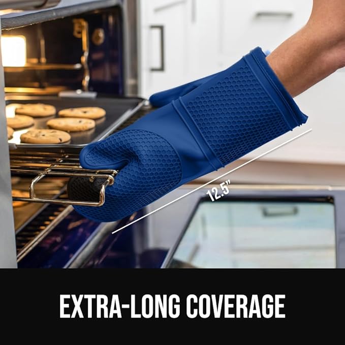 GORILLA GRIP BPA-Free Soft Silicone Oven Mitts, Heat Resistant and Waterproof Cooking Gloves, Thick Cotton Lining, Flexible Gripping for Baking Grilling, Kitchen Potholders Set of 2, 12.5x8.3, Blue