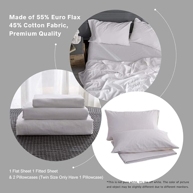 Simple&Opulence Belgian Linen Sheet Set Solid Color - 4 Pieces (1 Flat Sheet, 1 Fitted Sheet & 2 Pillowcases) Natural Flax Cotton Blend Soft Breathable Farmhouse Bedding - Full Size, White