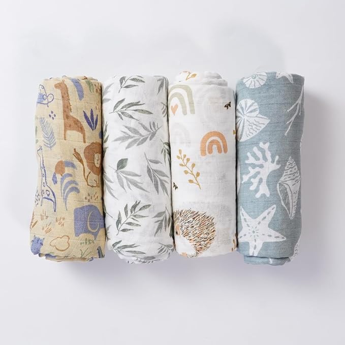 CoolaPeach 4 Set Muslin Swaddle Blankets for Newborn Baby Boys, Girls,Receiving Blankets-Cute Soft Print Baby Towel Wrap 120x110cm Baby (Animal)