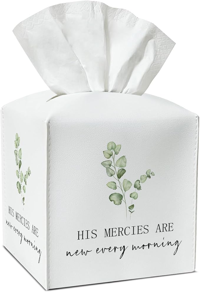 Christian Tissue Box Covers Square - His Mercy are New Every Morning, Leather Tissue Box Holders Decorative for Car Nightstand Home Office Organizer, Square Facial Paper Organizer Home Decor -023