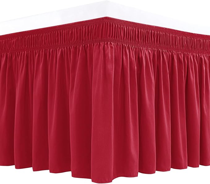 Biscaynebay Wrap Around Bed Skirts for Twin & Twin XL Beds 15" Drop, Red Adjustable Elastic Dust Ruffles Easy Fit Wrinkle & Fade Resistant Silky Luxurious Fabric Machine Washable